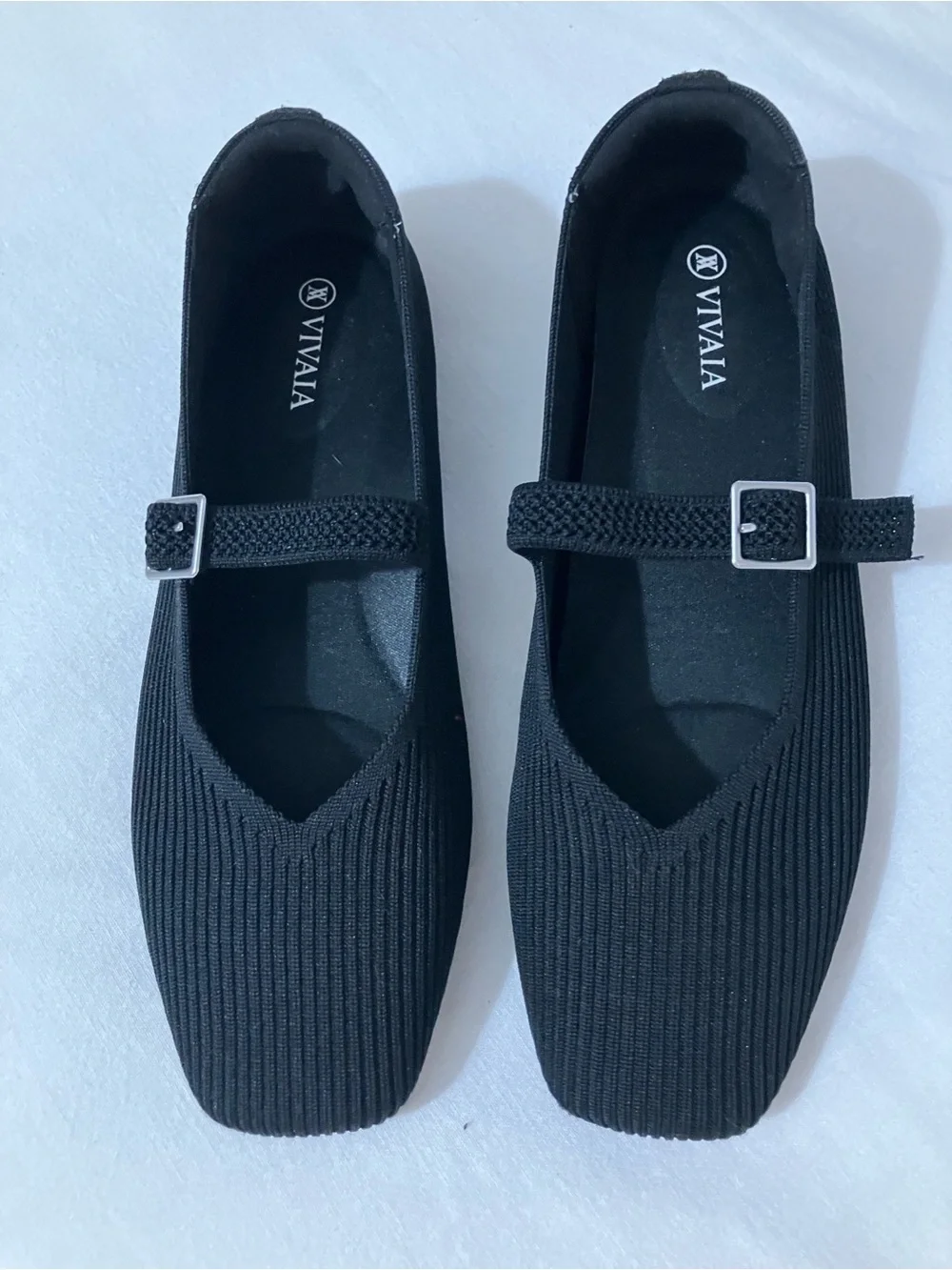 Vivaia Margot Buckle Square Toe Mary Jane’s Black Ballet Flats Size 39.5W